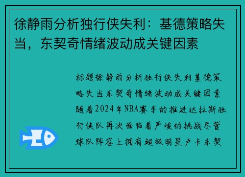 徐静雨分析独行侠失利：基德策略失当，东契奇情绪波动成关键因素