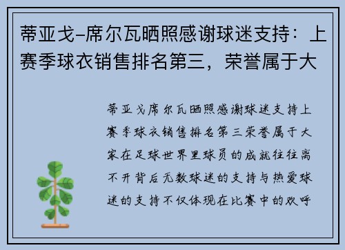 蒂亚戈-席尔瓦晒照感谢球迷支持：上赛季球衣销售排名第三，荣誉属于大家
