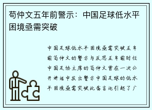 苟仲文五年前警示：中国足球低水平困境亟需突破