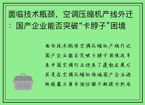 面临技术瓶颈，空调压缩机产线外迁：国产企业能否突破“卡脖子”困境？
