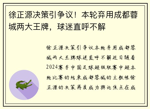 徐正源决策引争议！本轮弃用成都蓉城两大王牌，球迷直呼不解